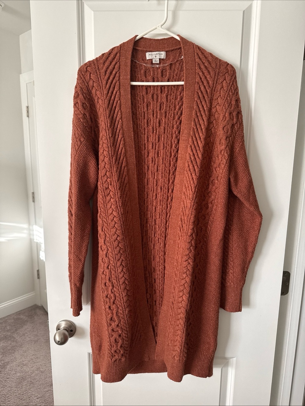 Nili Lotan Long Open Cable Knit Cardigan Sweater Womens M Rust